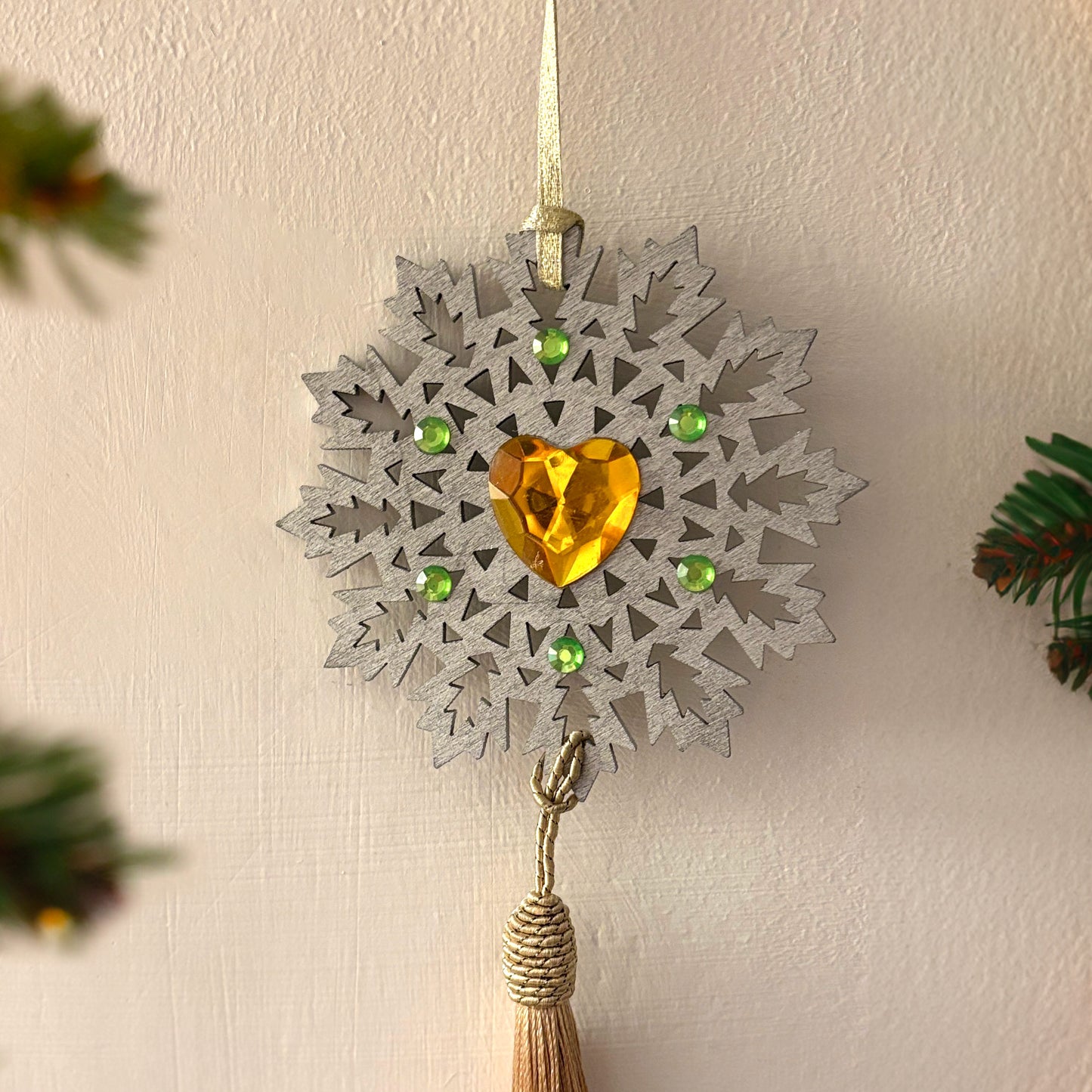 Christmas handmade decorative snowflake with Yellow gem